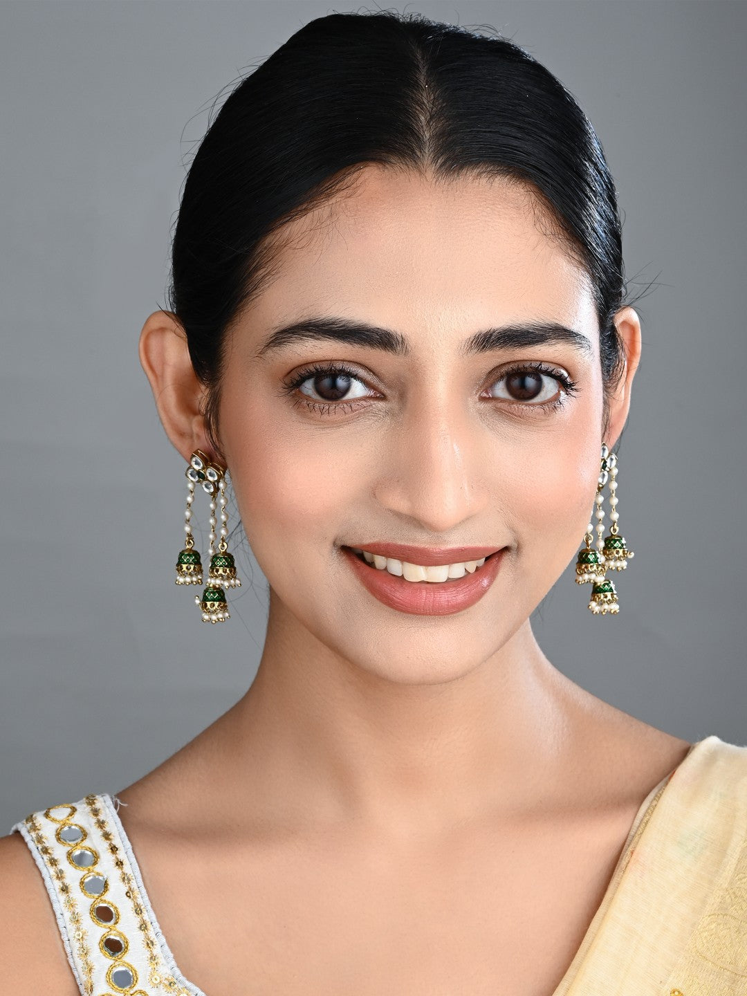 Kundan Pearl Tassel Statement Earrings - Green