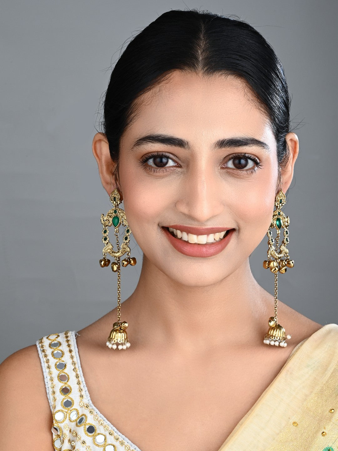 Green Kundan Chandbali Jhumka Drop Earrings