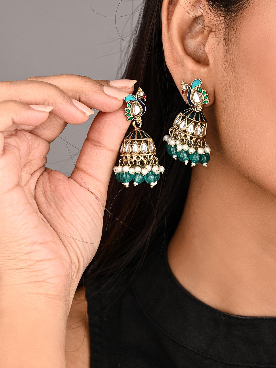 Peacock-inspired jhumka earrings- Blue