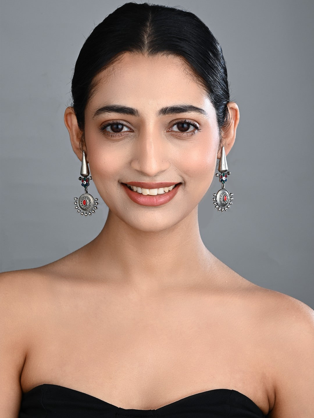 Oxidised Tribal Sun Motif Drop Earrings