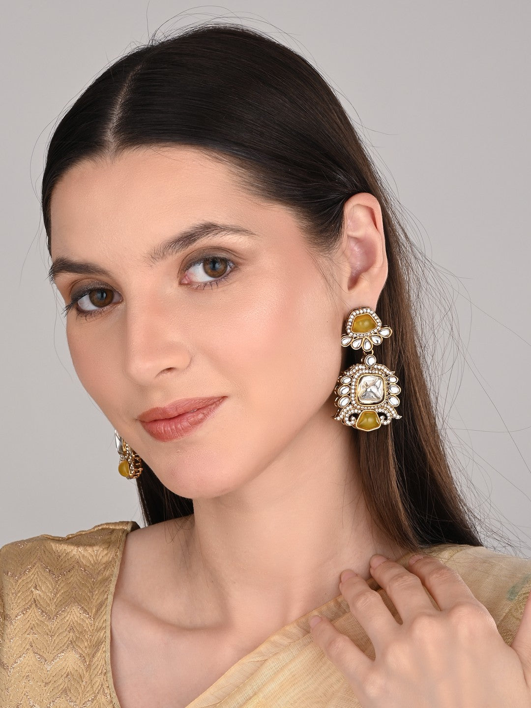 Gold plated kundan Drop Earrings Yellow