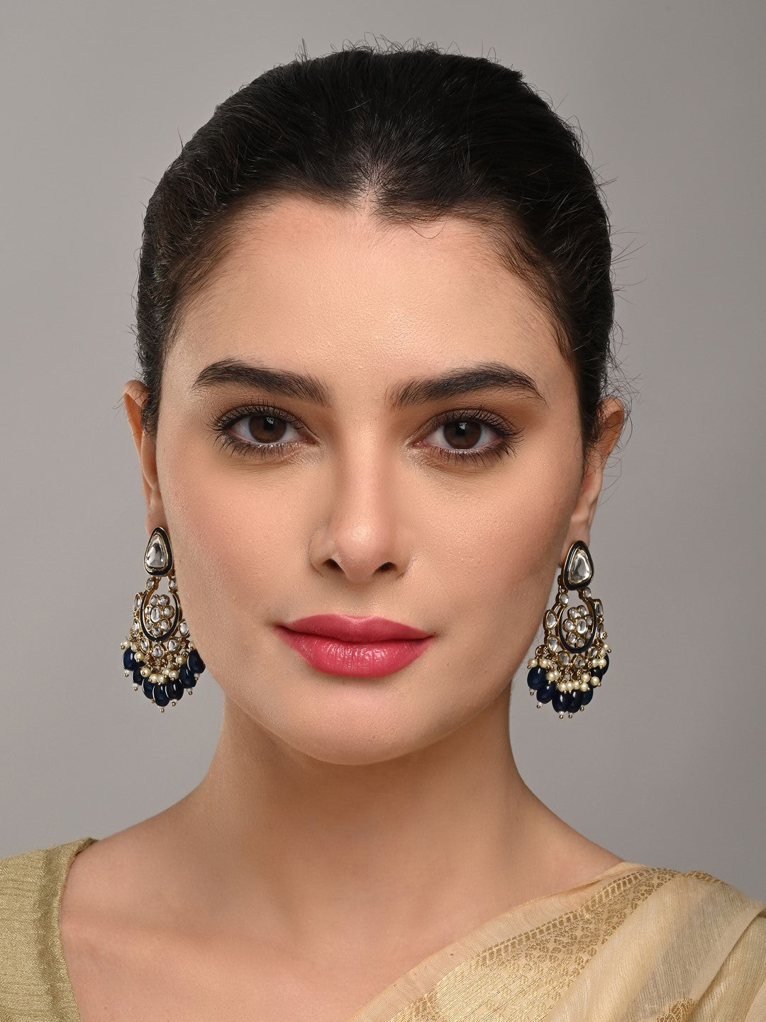 Gold plated kundan & Meenakari Chandbali Earring Blue