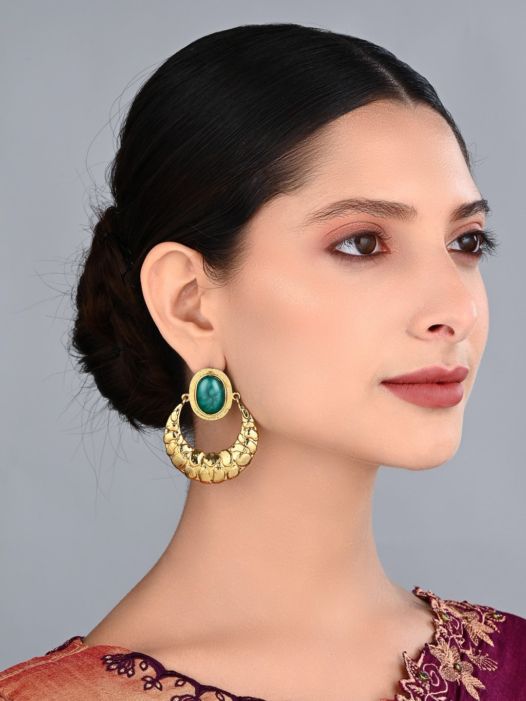 Kiara Teal Stone Textured Gold Hoop Earrings