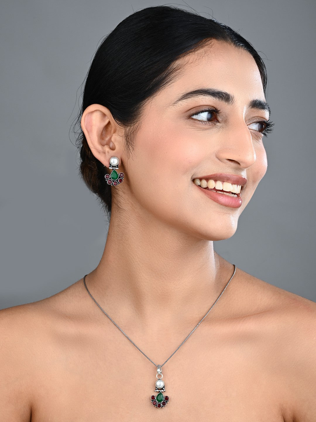 Floral Crystal Pendant Necklace Set with Matching Stud Earrings - Multi