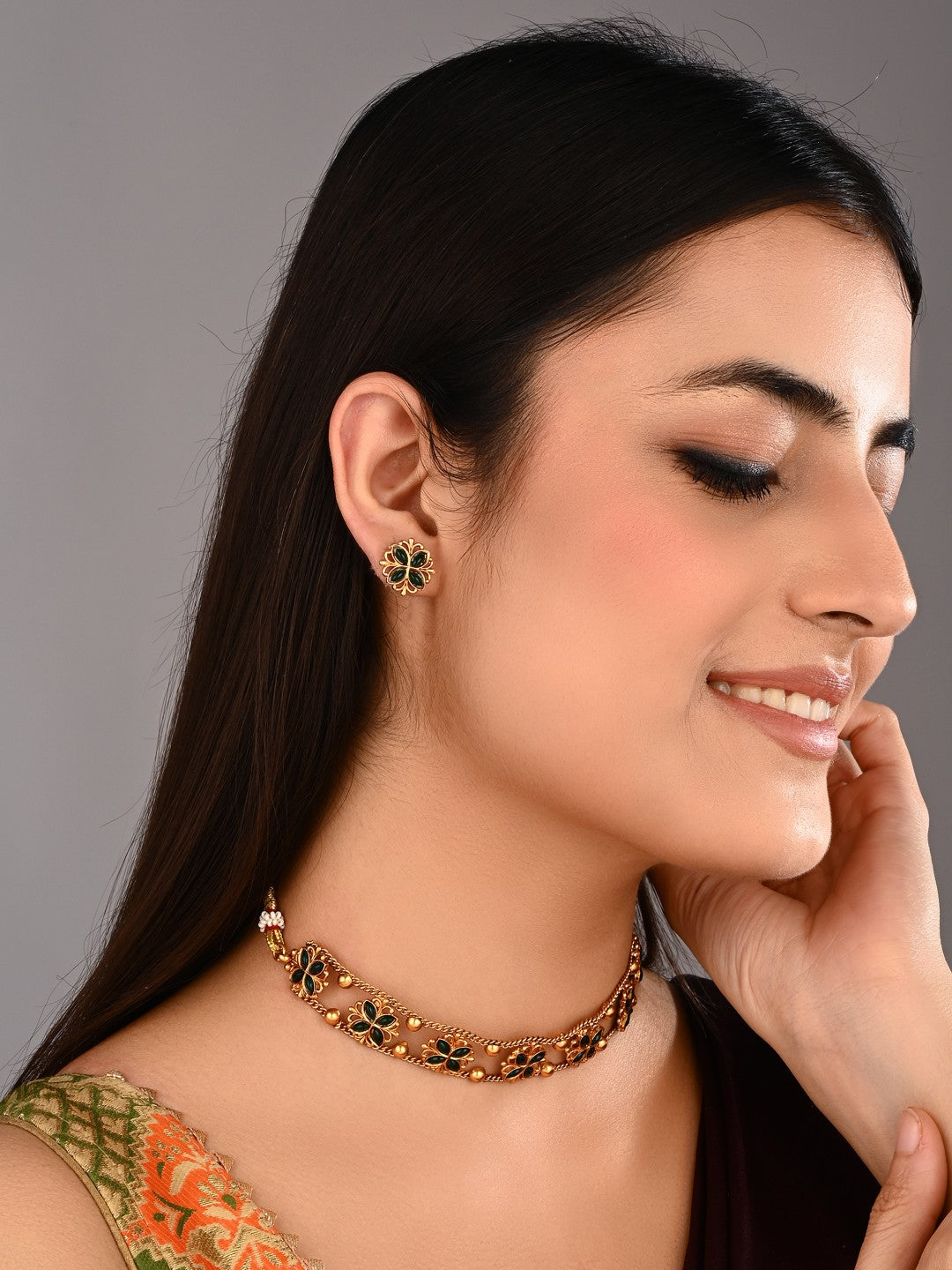 Gold plated floral Necklace set - Green