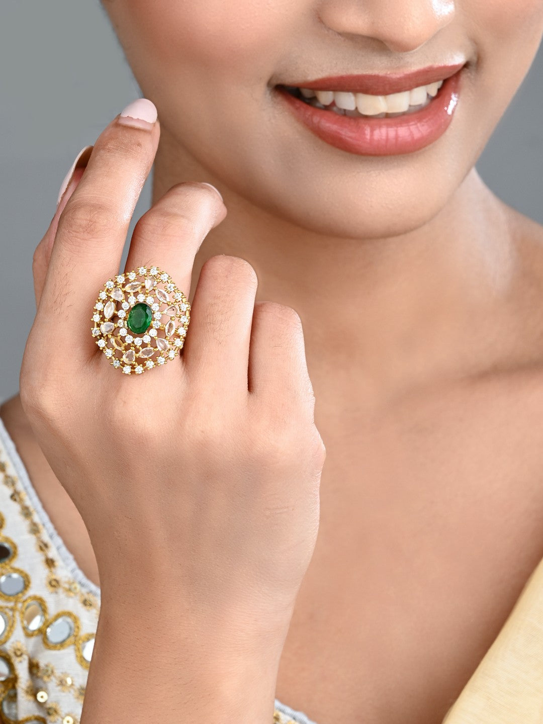 Emerald Green Stone & Crystal Floral Ring