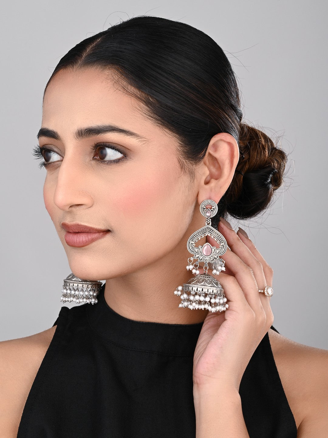 Silver plated long Jhumka - Pink