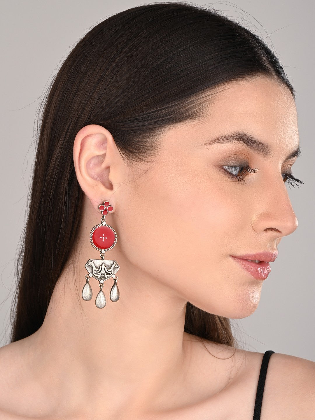 Silver Oxidised finish Red hand painted camel drop earring