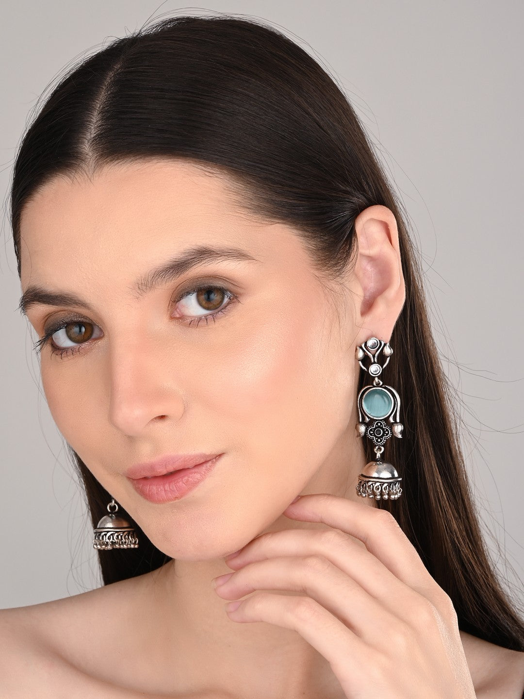 Silver oxydised lightweight long Jhumka Blue
