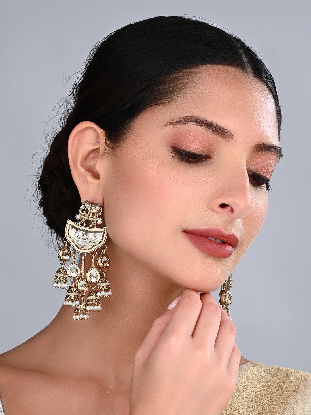 Gold-Toned MOP Chandelier Earrings with Jhumka Drops
