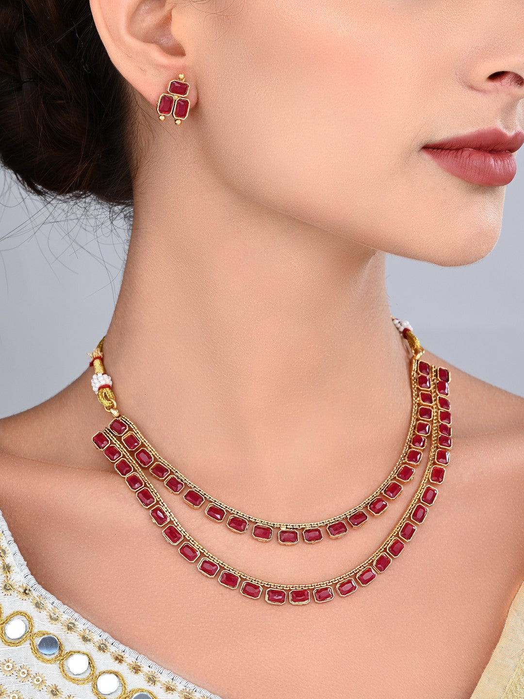 Ruby Royale Double-Layer Gold-Tone Necklace & Earrings Set
