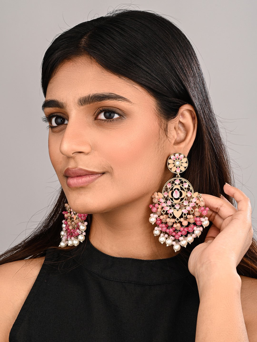 Vibrant Peach & Pink Chandelier Pearl Drop Earring