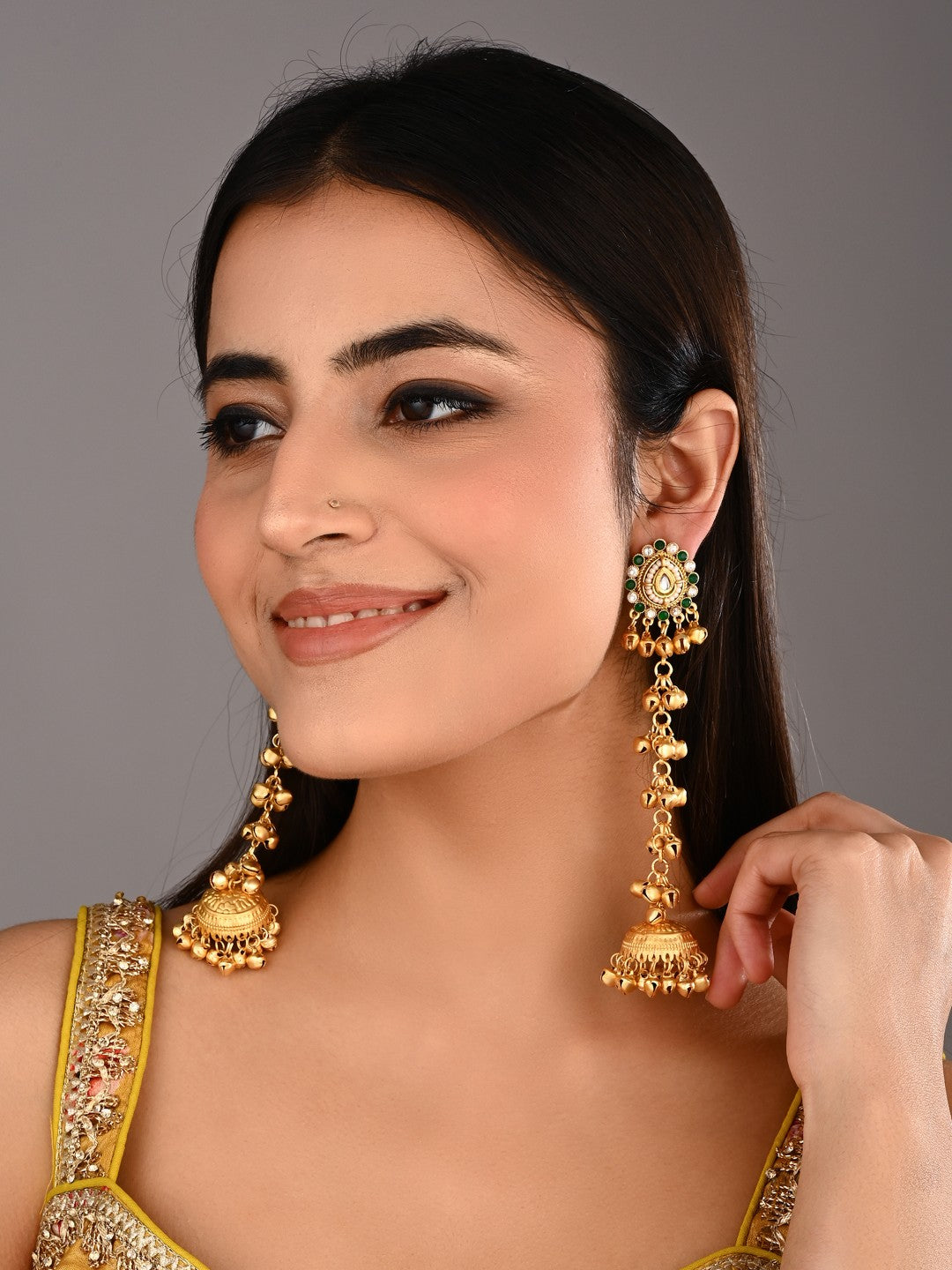 Kashmiri Long drop Jhumka Earring - Green