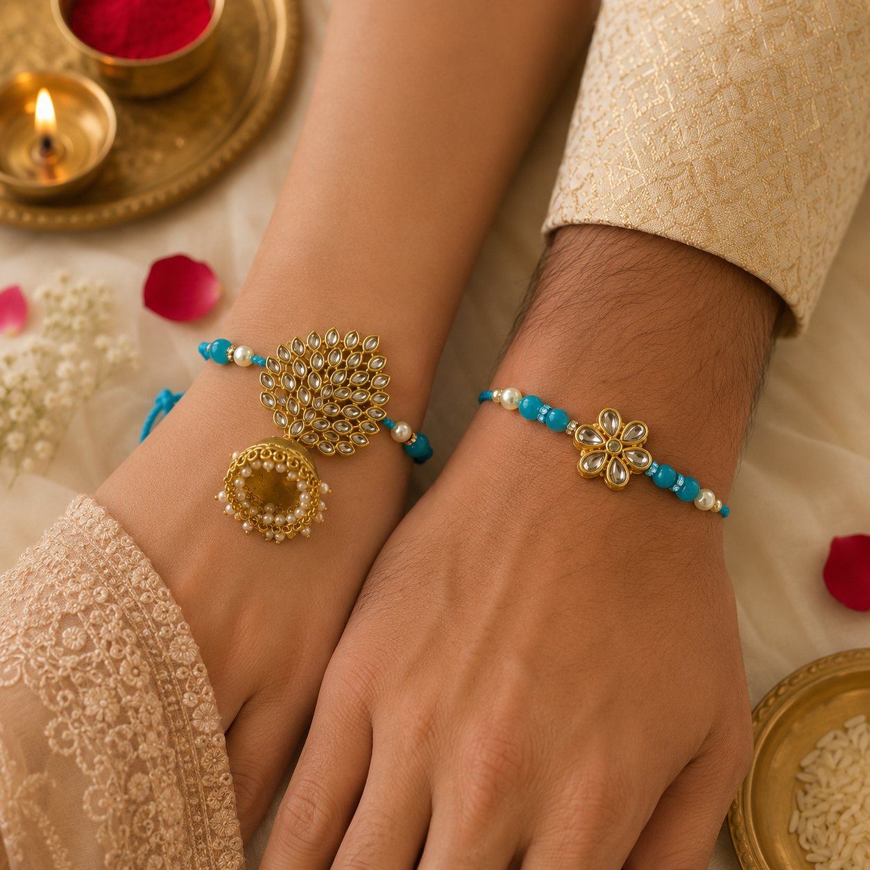 Blue Floral Kundan Bhai Bhabhi Rakhi Set with Lumba