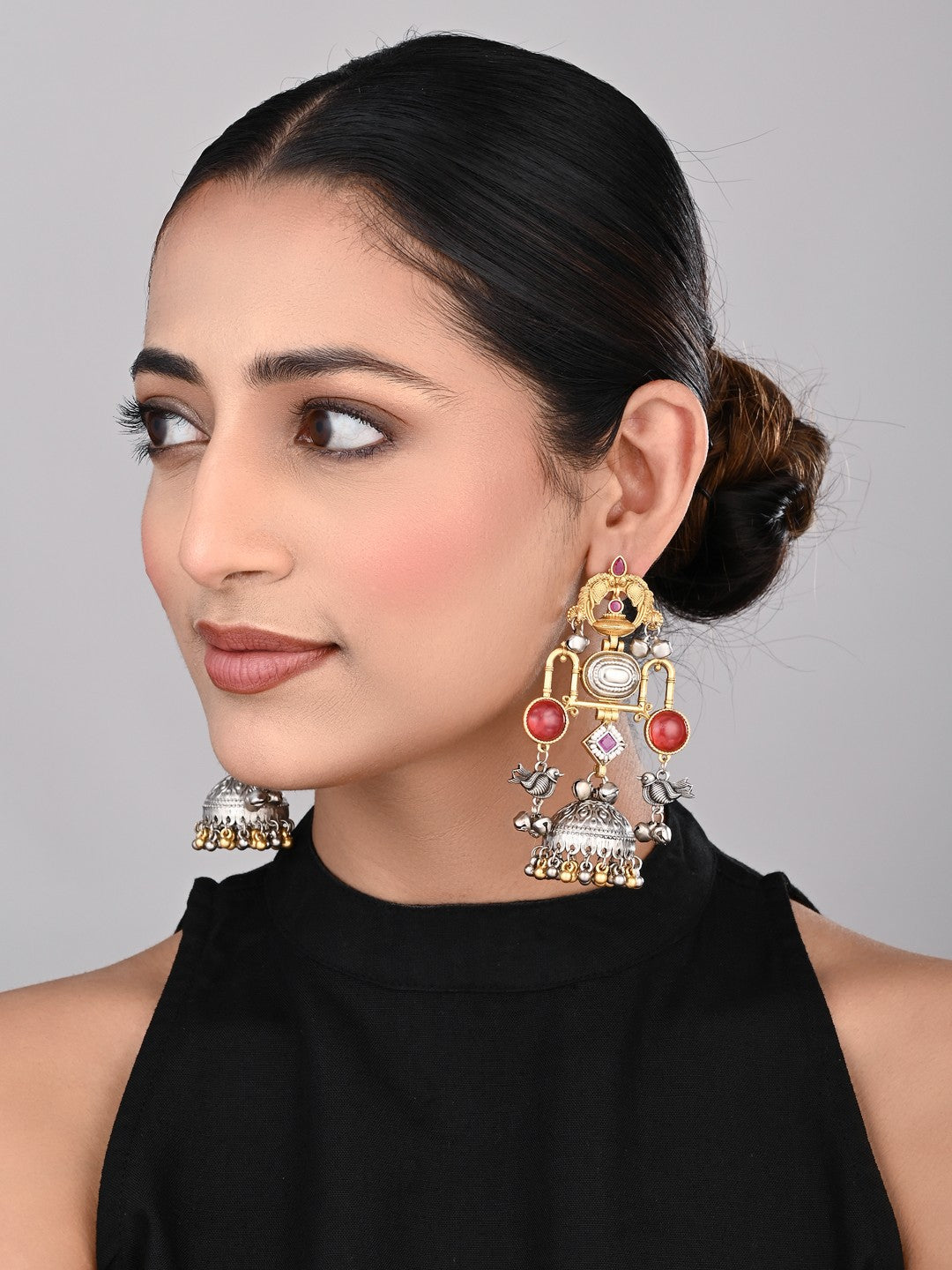 Dual tone Jhumka Earring - Red