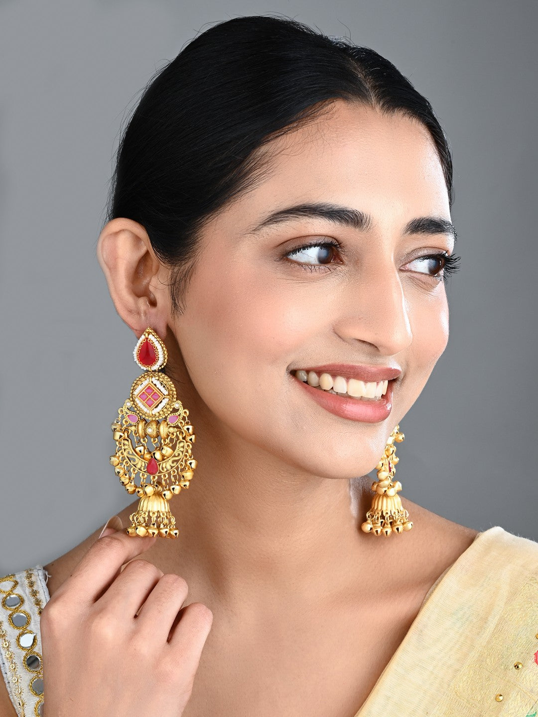 Kundan Chandbali Jhumka Earrings with Ghungroo Red
