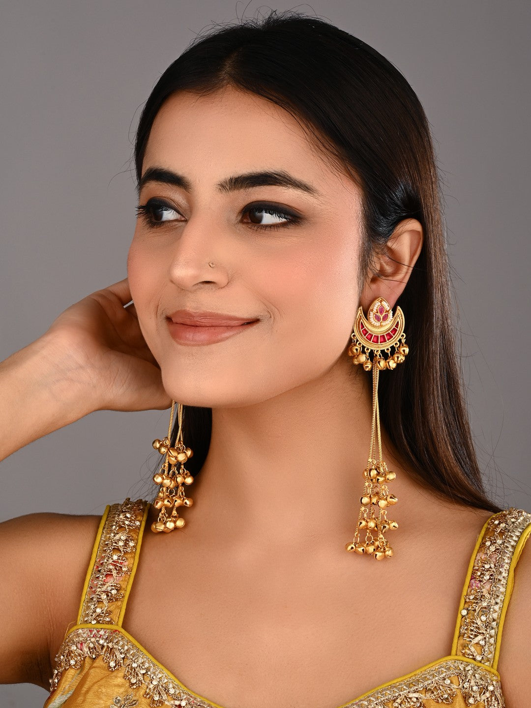 Red Enamel Crescent Moon Jhumka Earrings