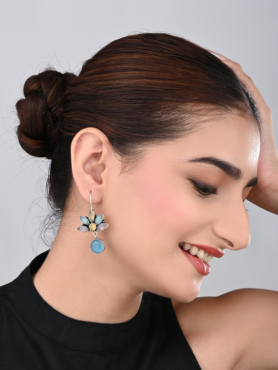 Silver Oxidized Lotus Drop Earrings Multi
