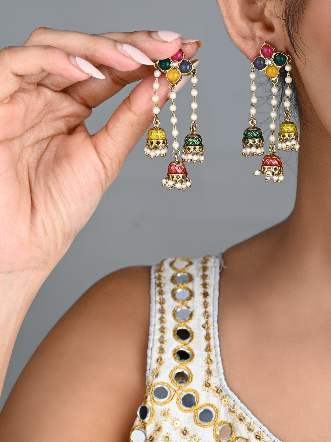 Kundan Pearl Tassel Statement Earrings - Multi