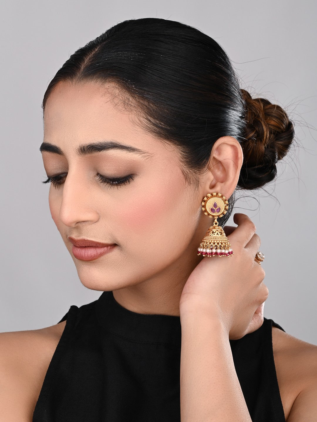 Antique Gold-Plated Temple Jhumka Earrings - Red
