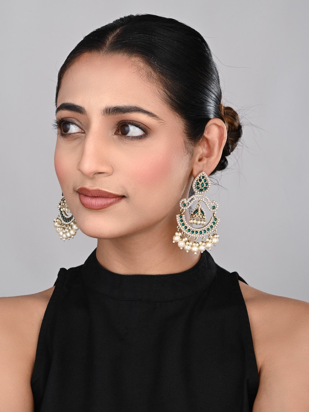 Gold plated Stone & beads chandbali Earring -Green