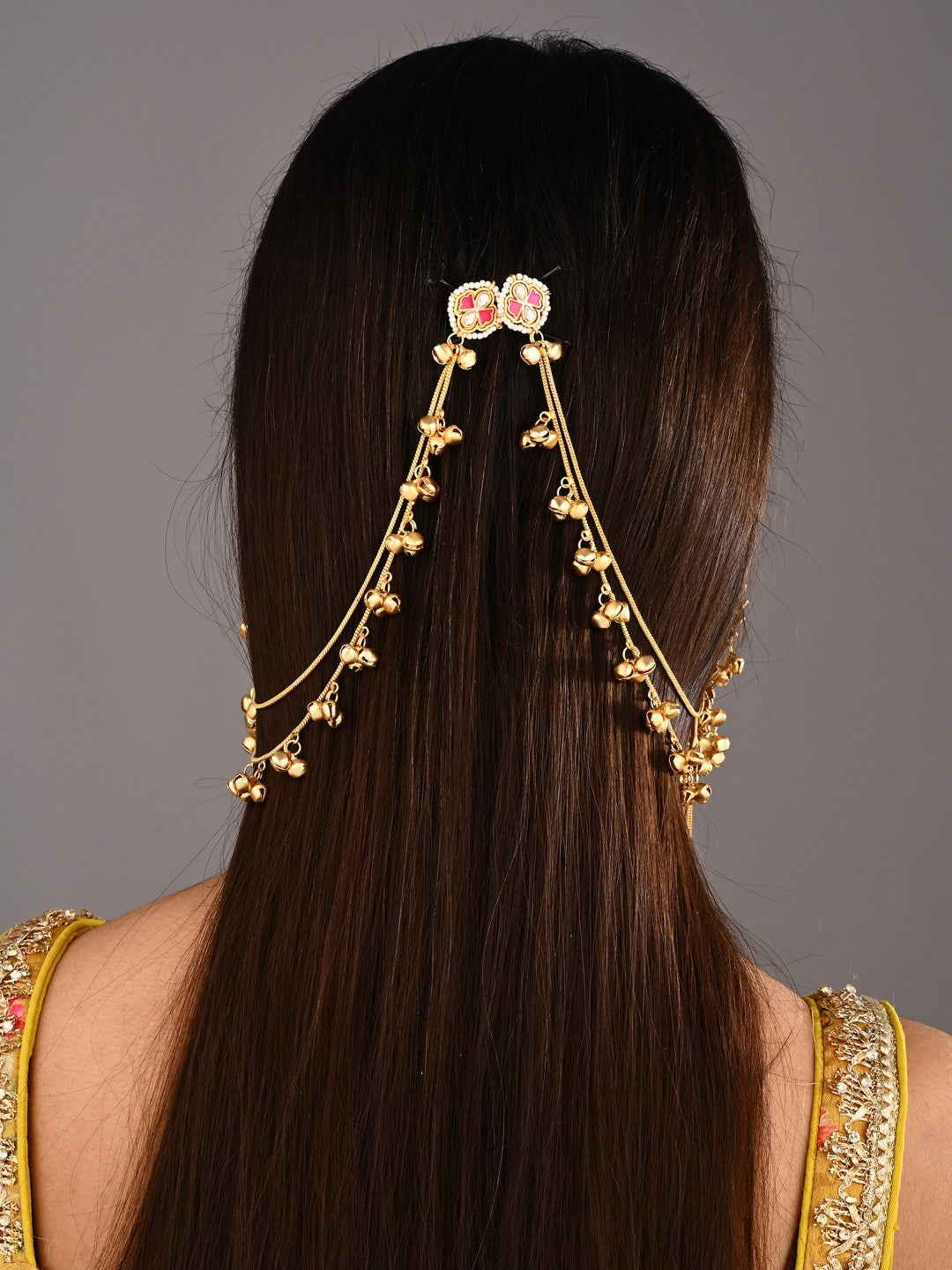 Gold plated, long Kashmiri earring with Ear chains Red