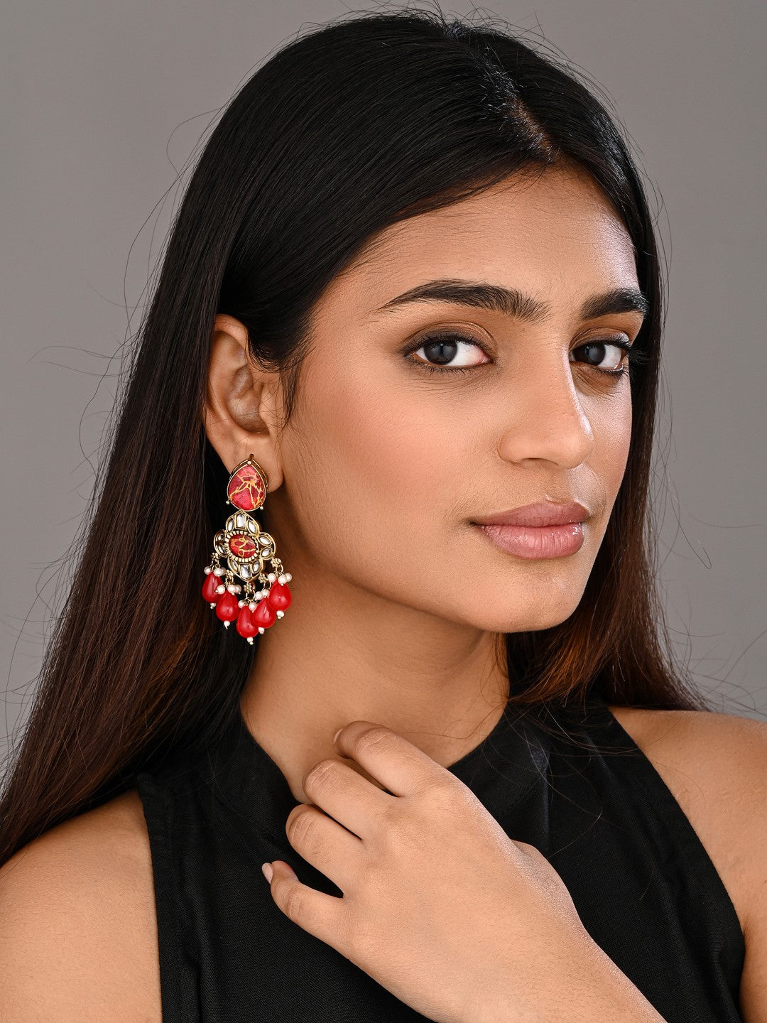 Gold-Plated Red Kundan Chandelier Earrings with Bead Drops