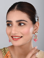 Gold plated Kundan & Pearl drop Earrings- Pink