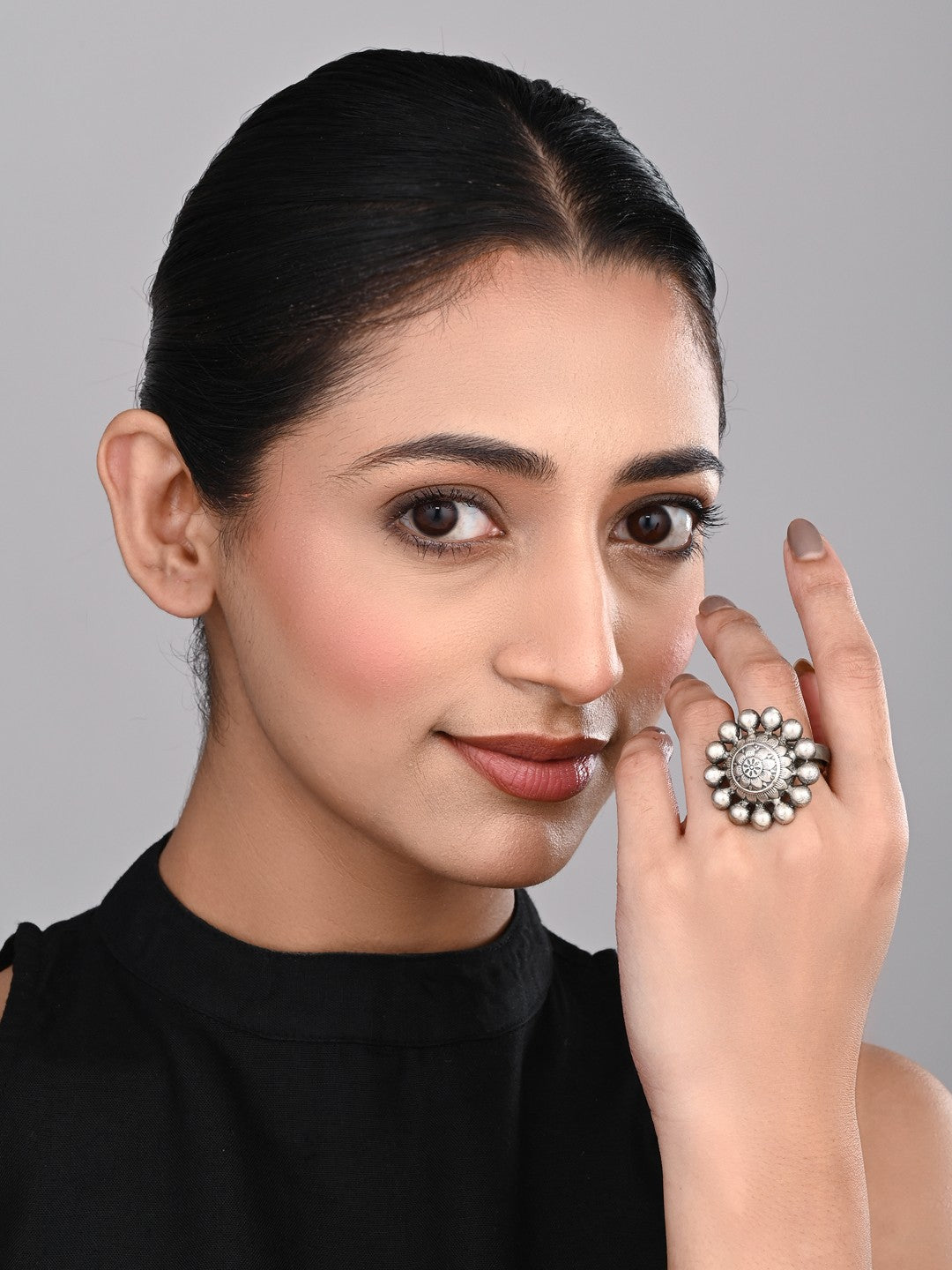 Handcrafted Oxidised Silver Floral Statement Ring