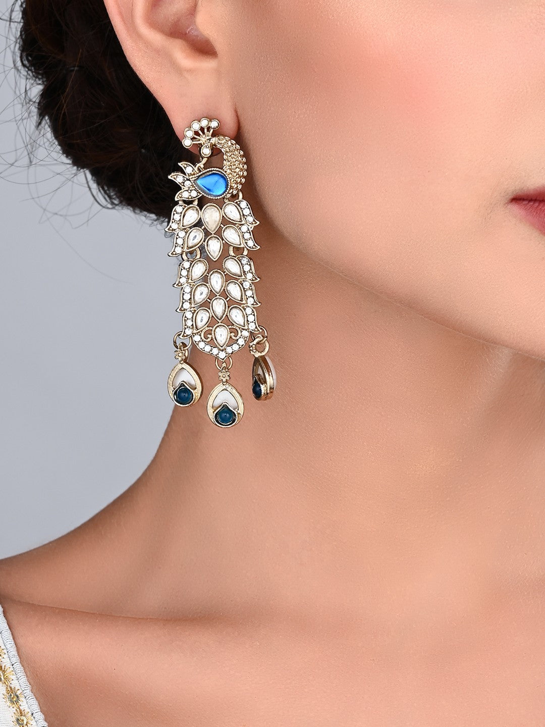Gold-Toned Drop Earrings with  Stone Accents Blue