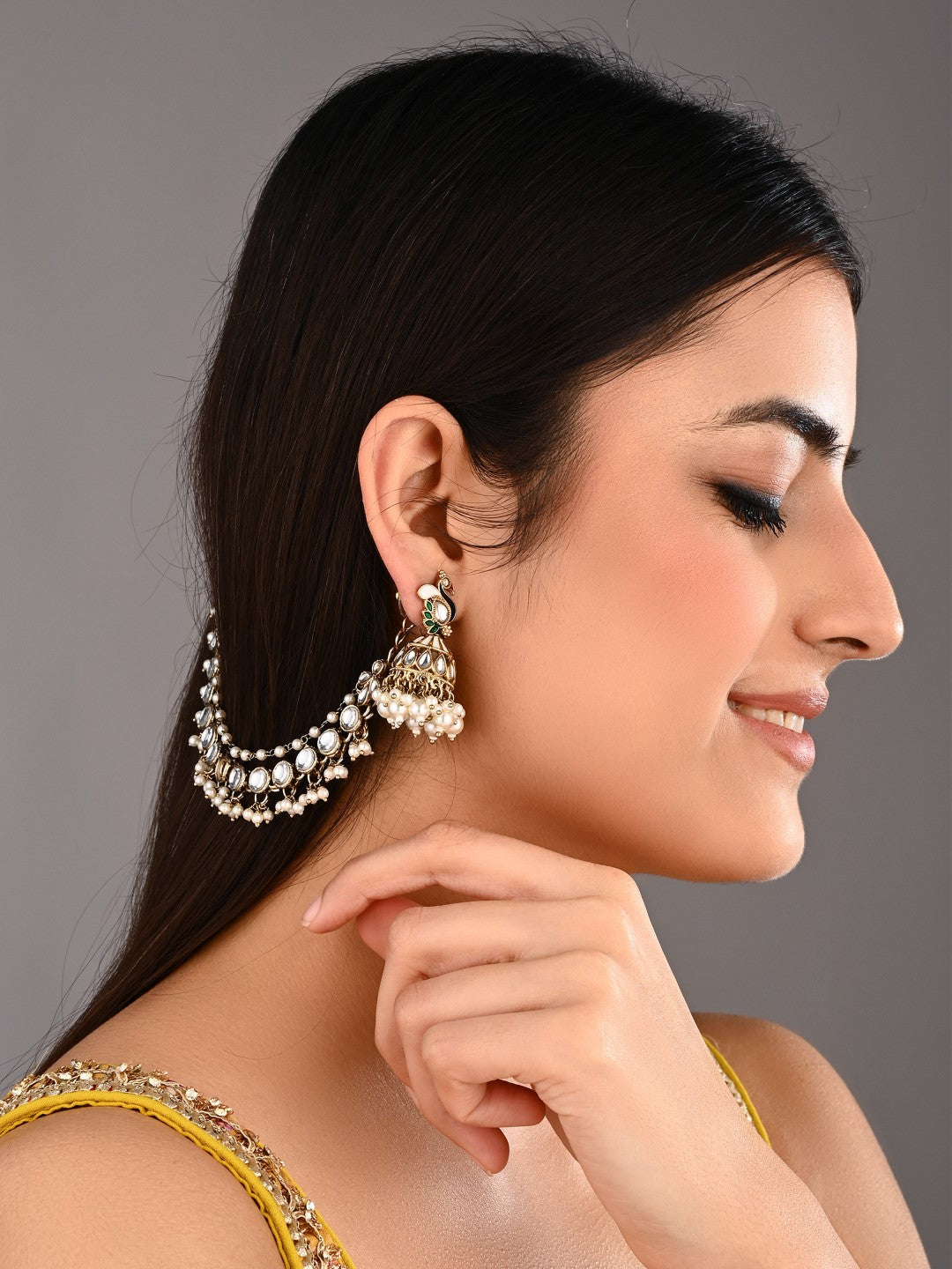 Kundan & Beads double layered ear chains