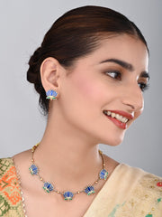 Gold Plated Delicate Lotus Necklace Set - Blue