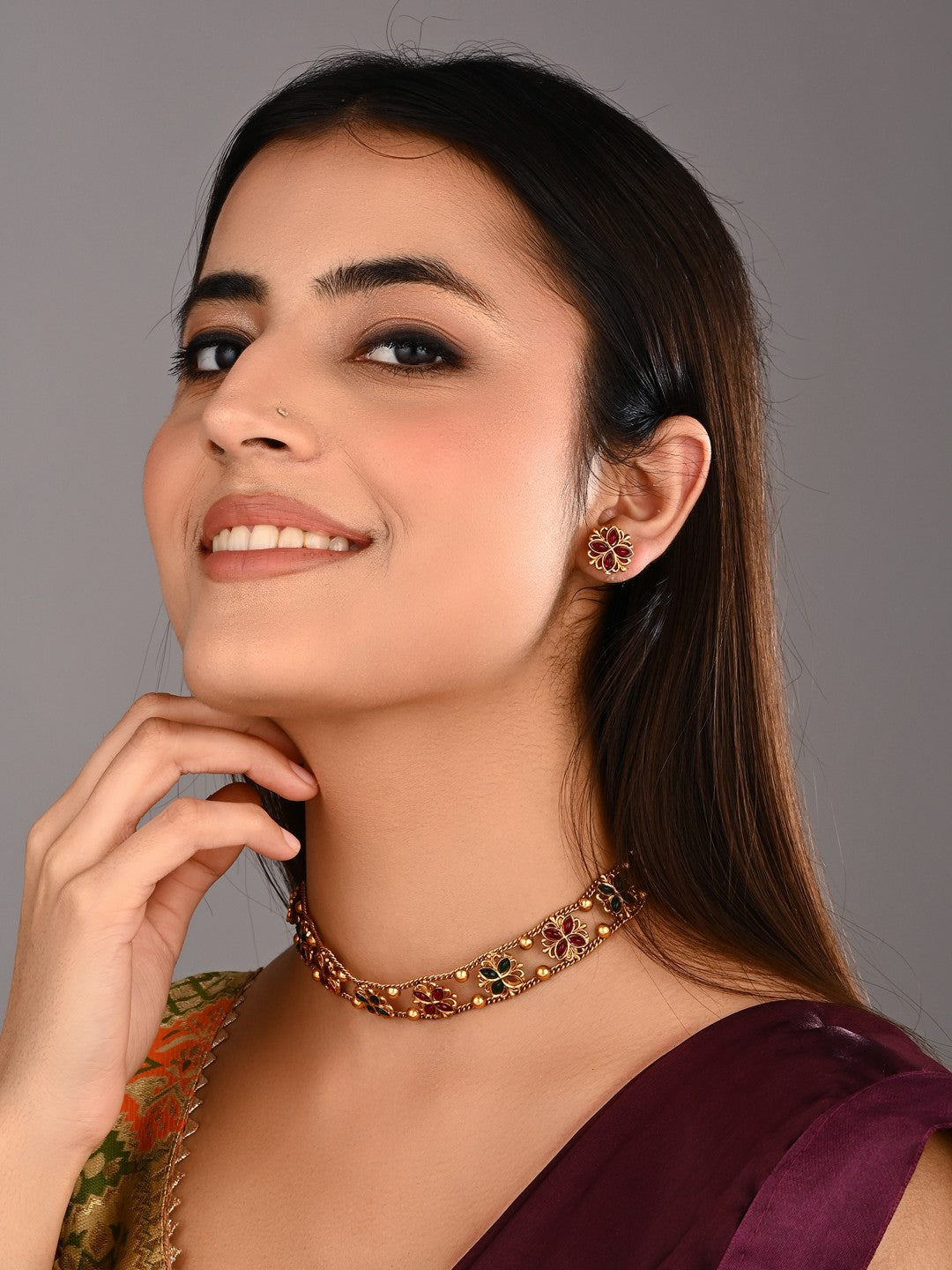 Gold plated floral Necklace set - Multi
