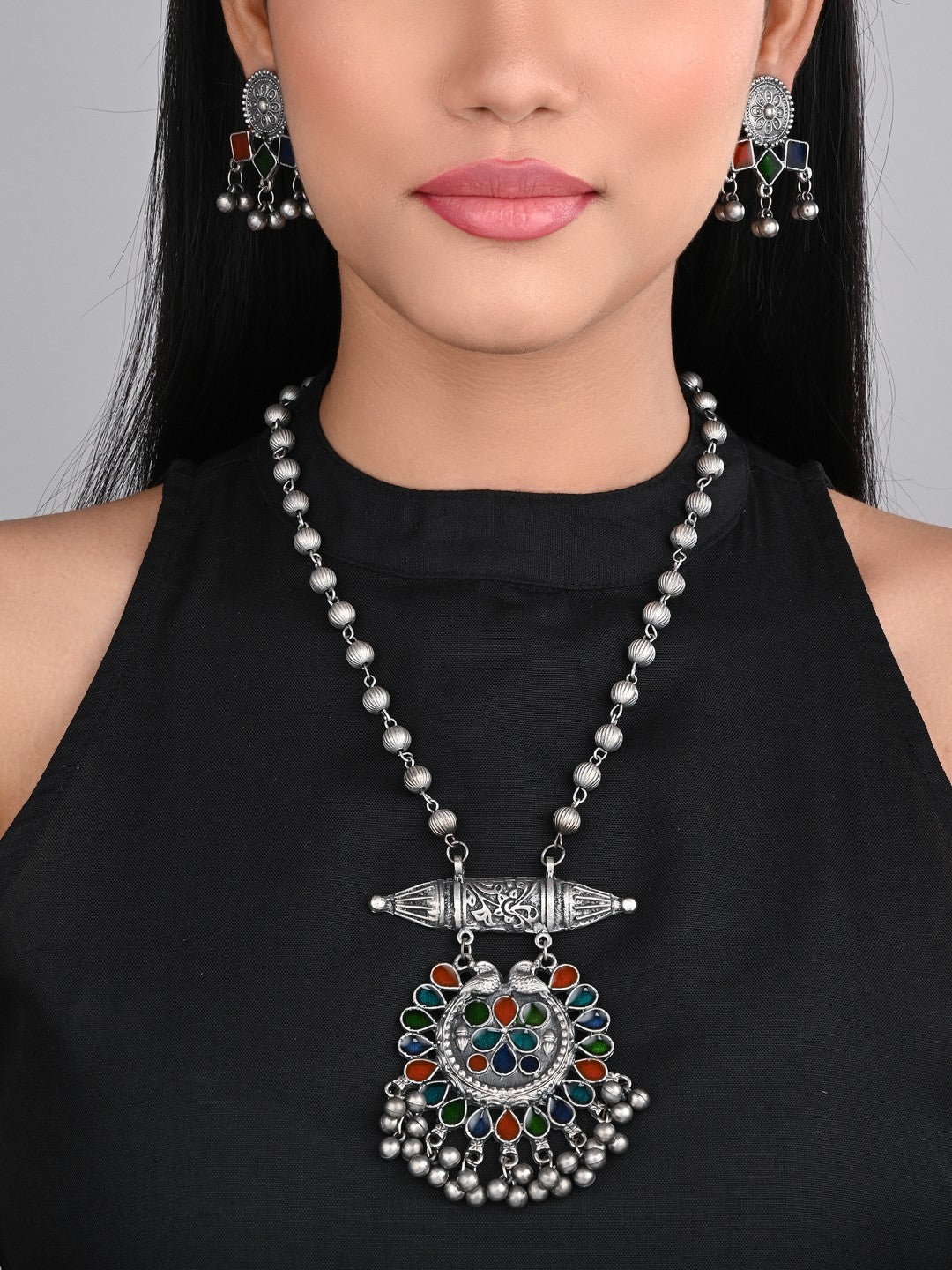 Silver Oxidised Finish Meenakari Jewellery Set for Navratri