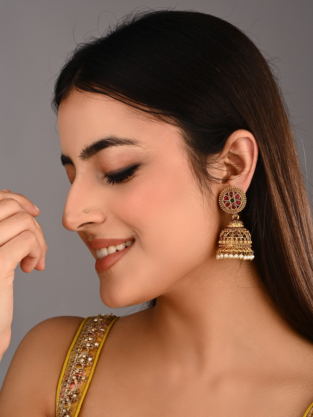 Floral Ruby Emerald Jhumka Earrings