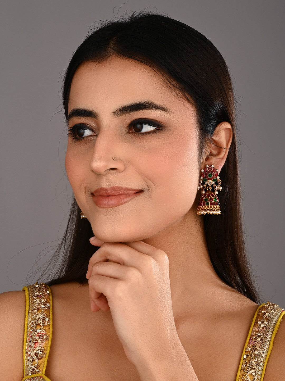 Gold Plated Red & green stone Jhumka Earring