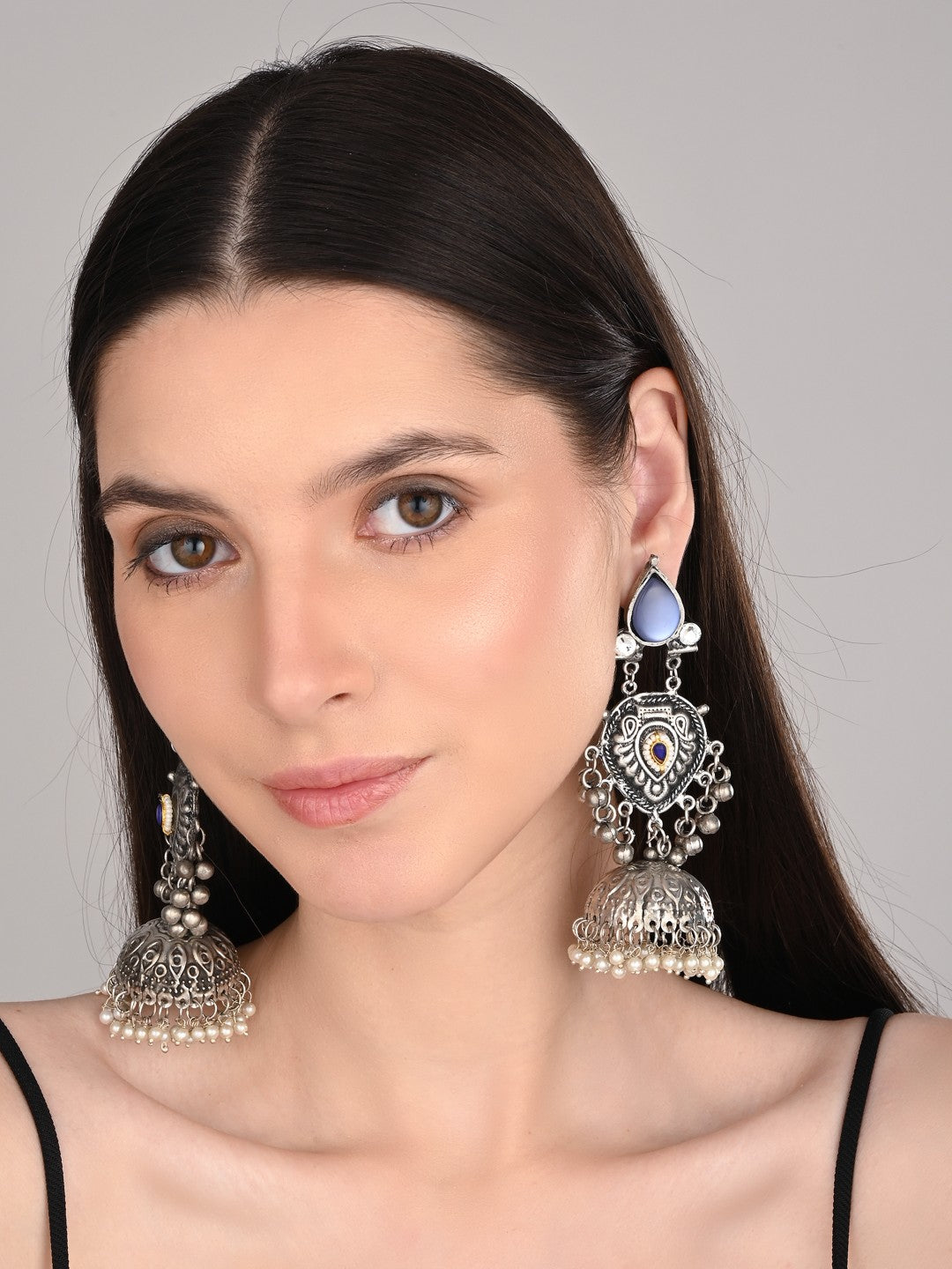 Silver oxydised lightweight long Jhumka Earring - Blue