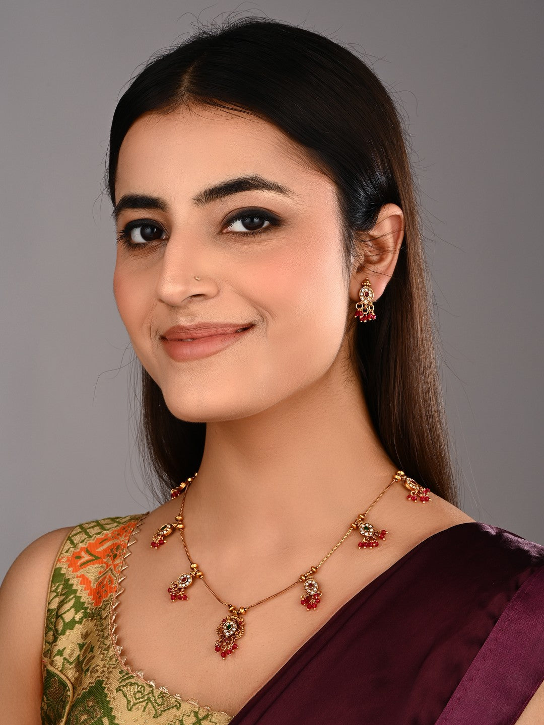 Ruby Emerald Filigree Necklace Earrings Set