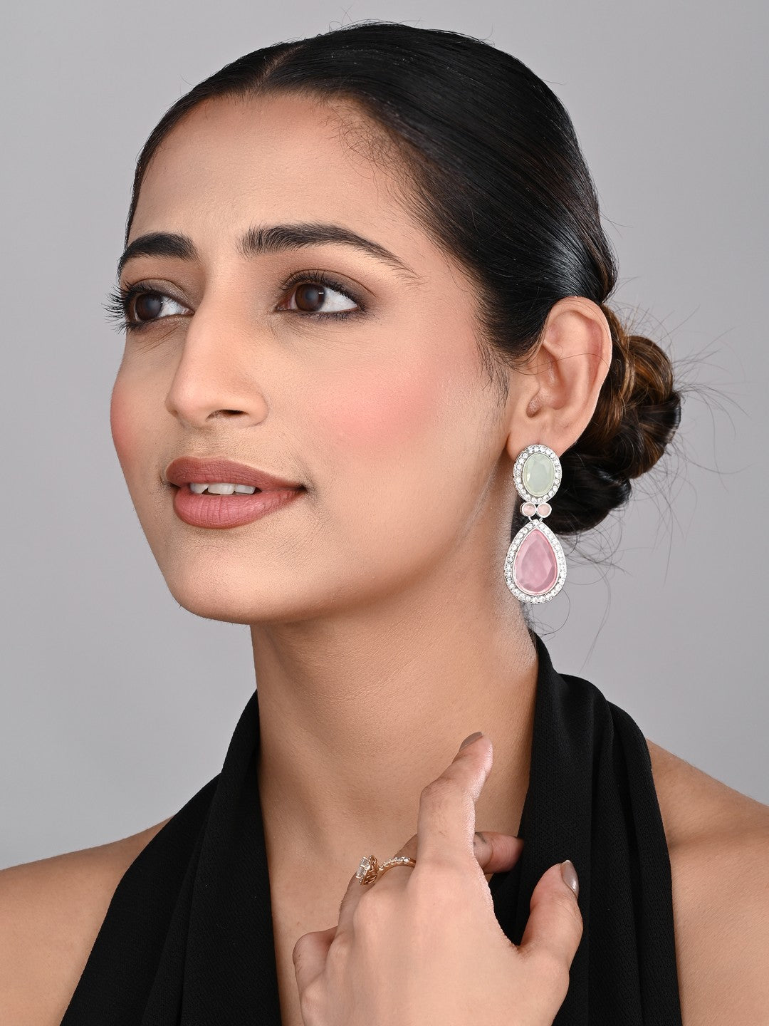 AD stone Tear drop earrings Sage green & Pink