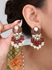 Gold-Plated Meenakari Stud Earrings with Kundan & Pearl Cluster drops - Red
