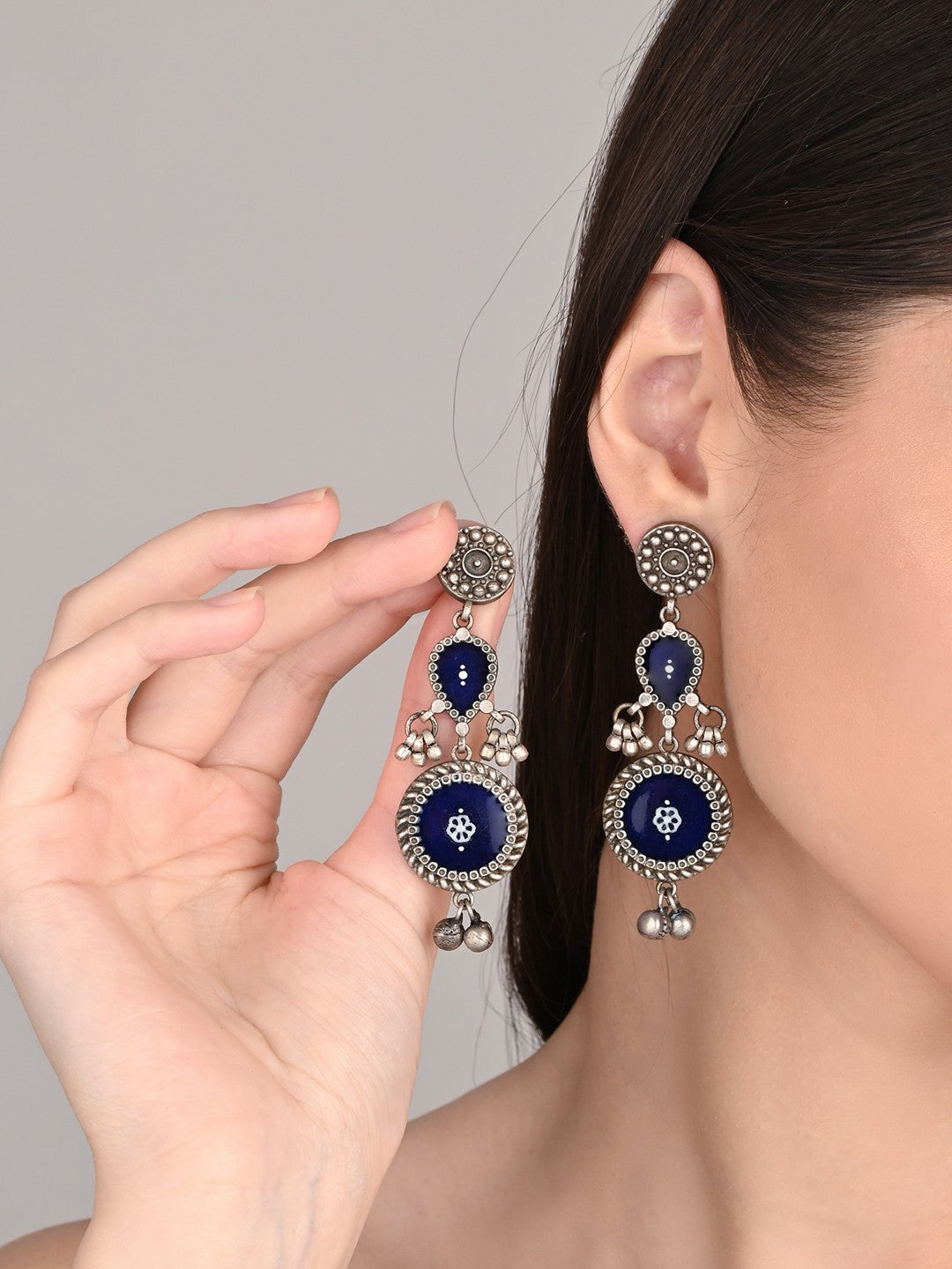 Hand-Painted circular Drop Earrings Blue