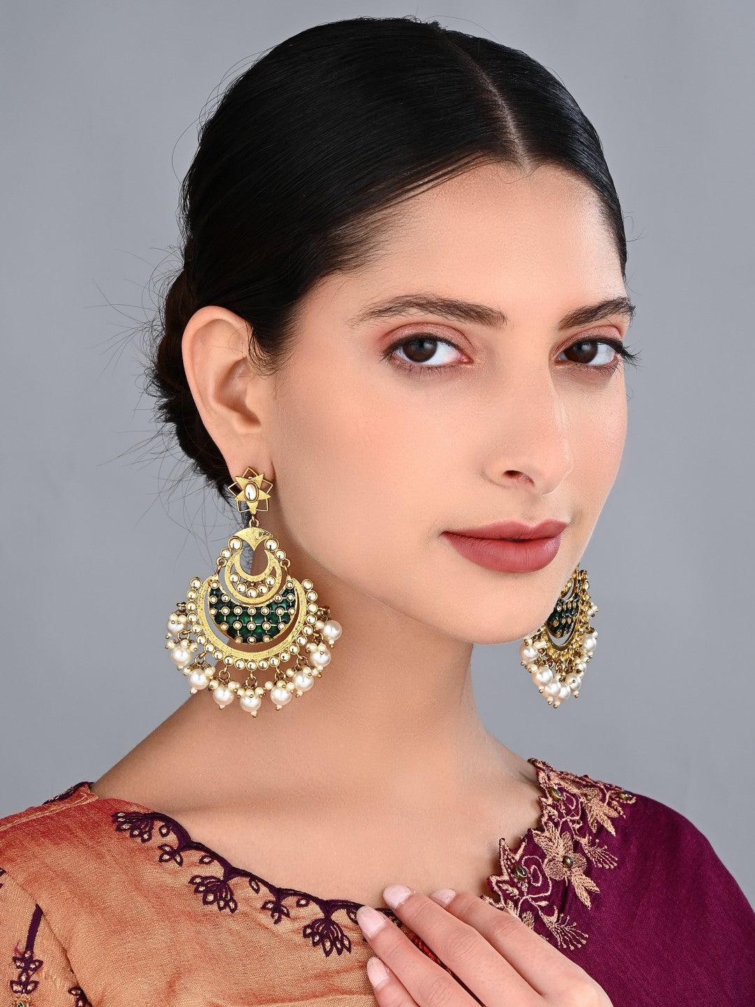 Aadhya Green Meenakari Chandbali Earrings