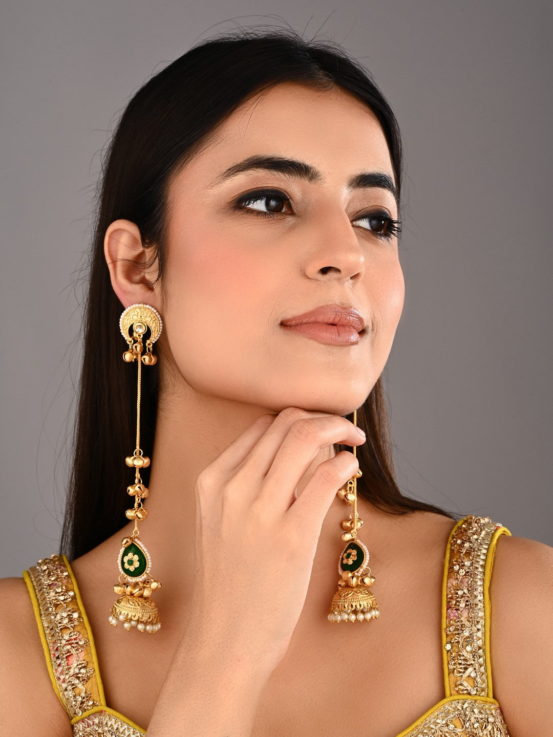 Gold plated Kshimiri long Jhumka Earrings Green