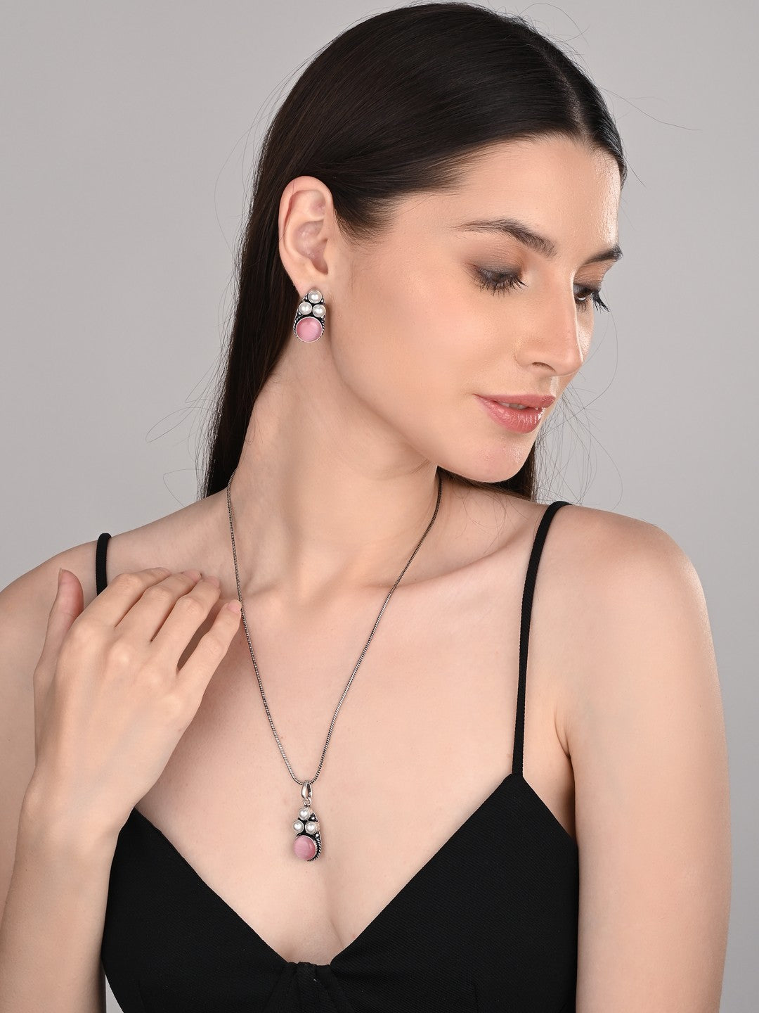 Silver Oxidised finish Pearl & Stone  pendant Set Pink