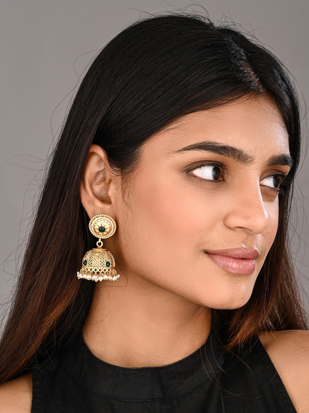 Royal Green Stone Antique Jhumka Earrings