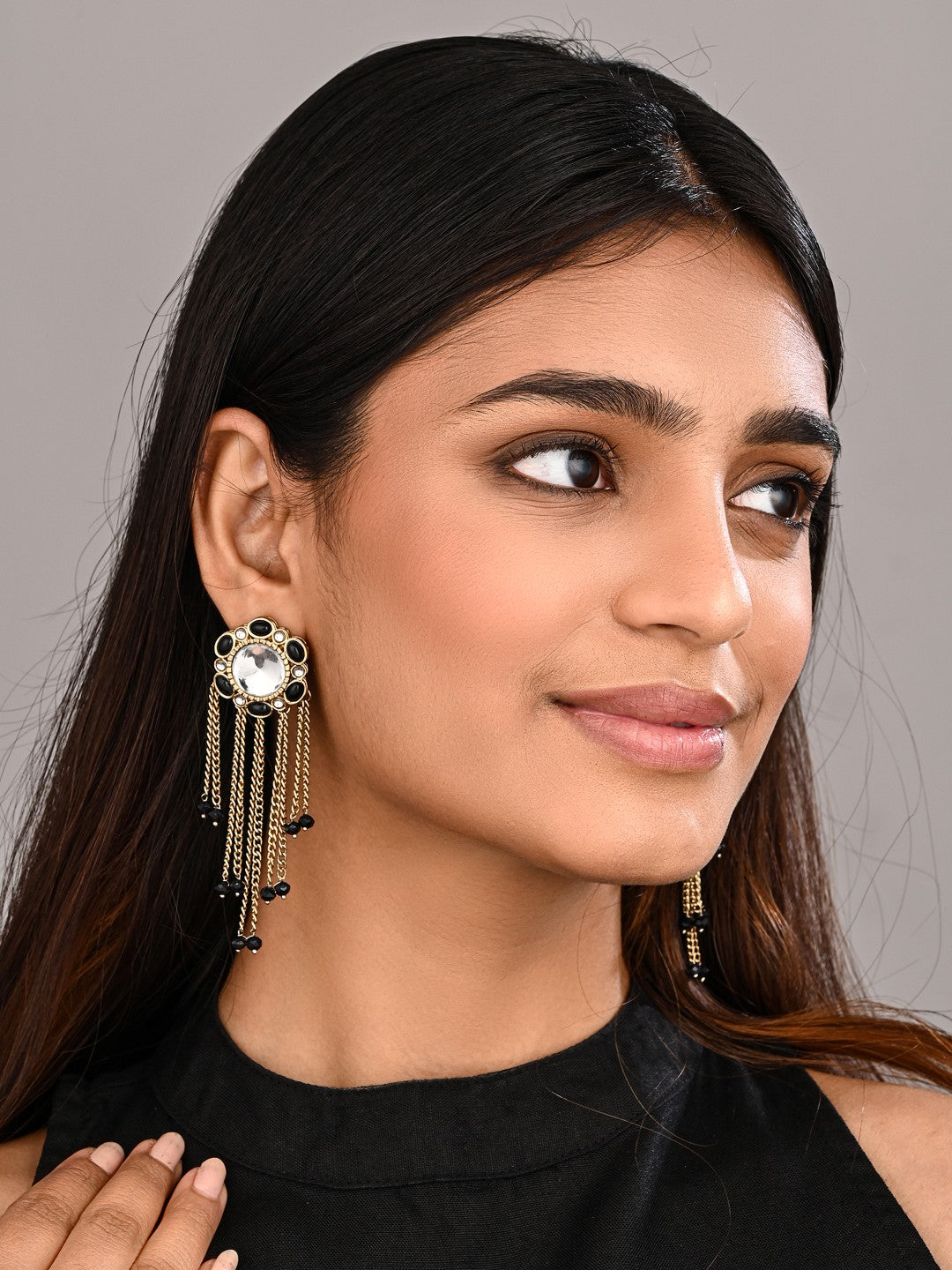 Kundan Tassel Drop Earrings - Black