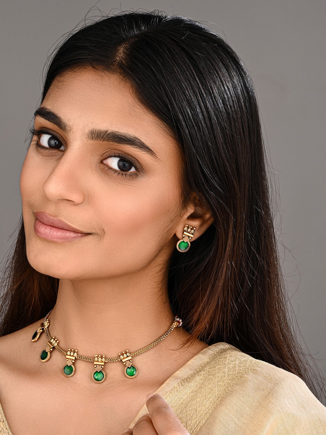 Gold-Tone Green Meenakari Drop Necklace Set