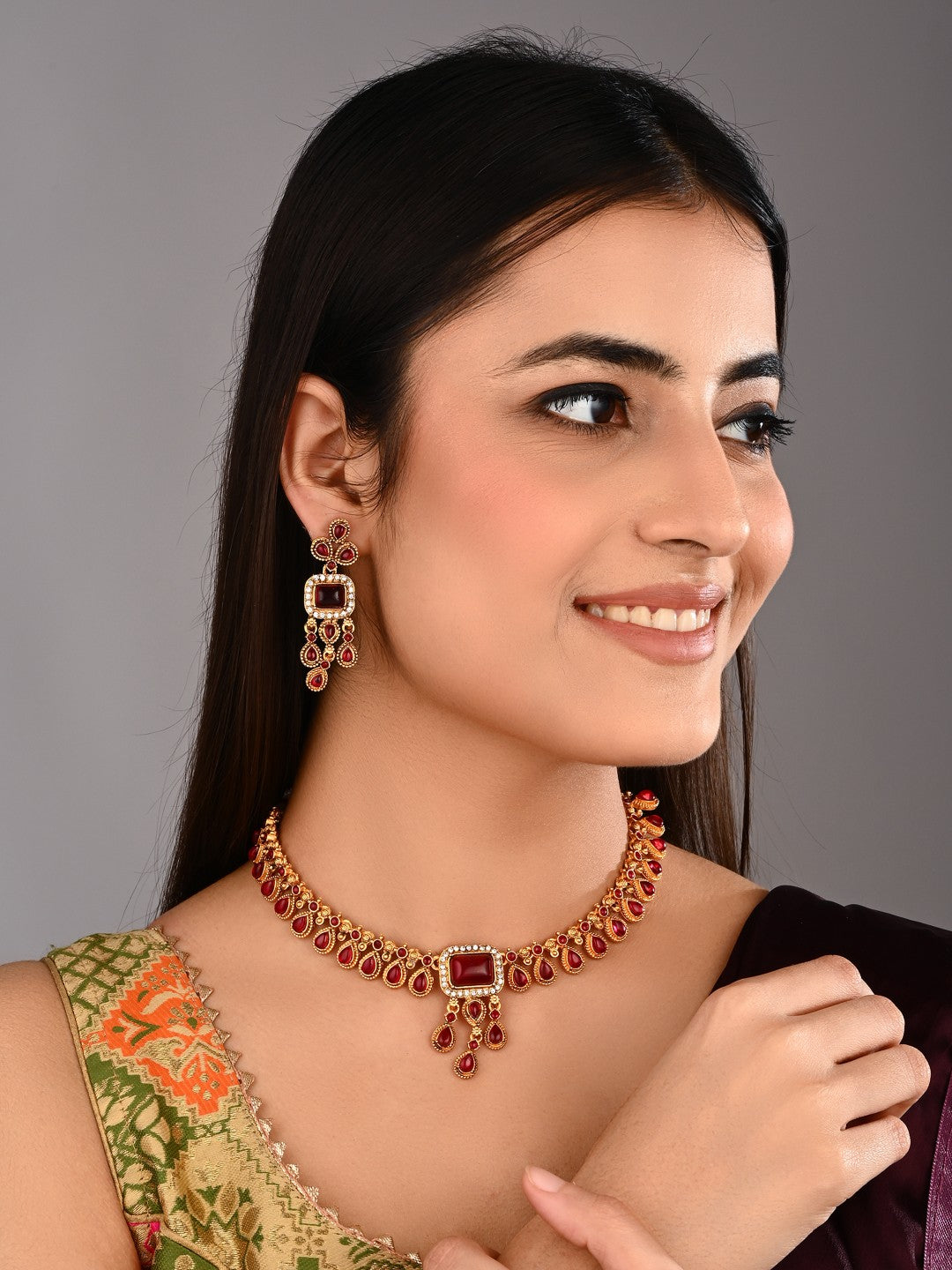 Ruby Red stone Necklace and Earrings Set