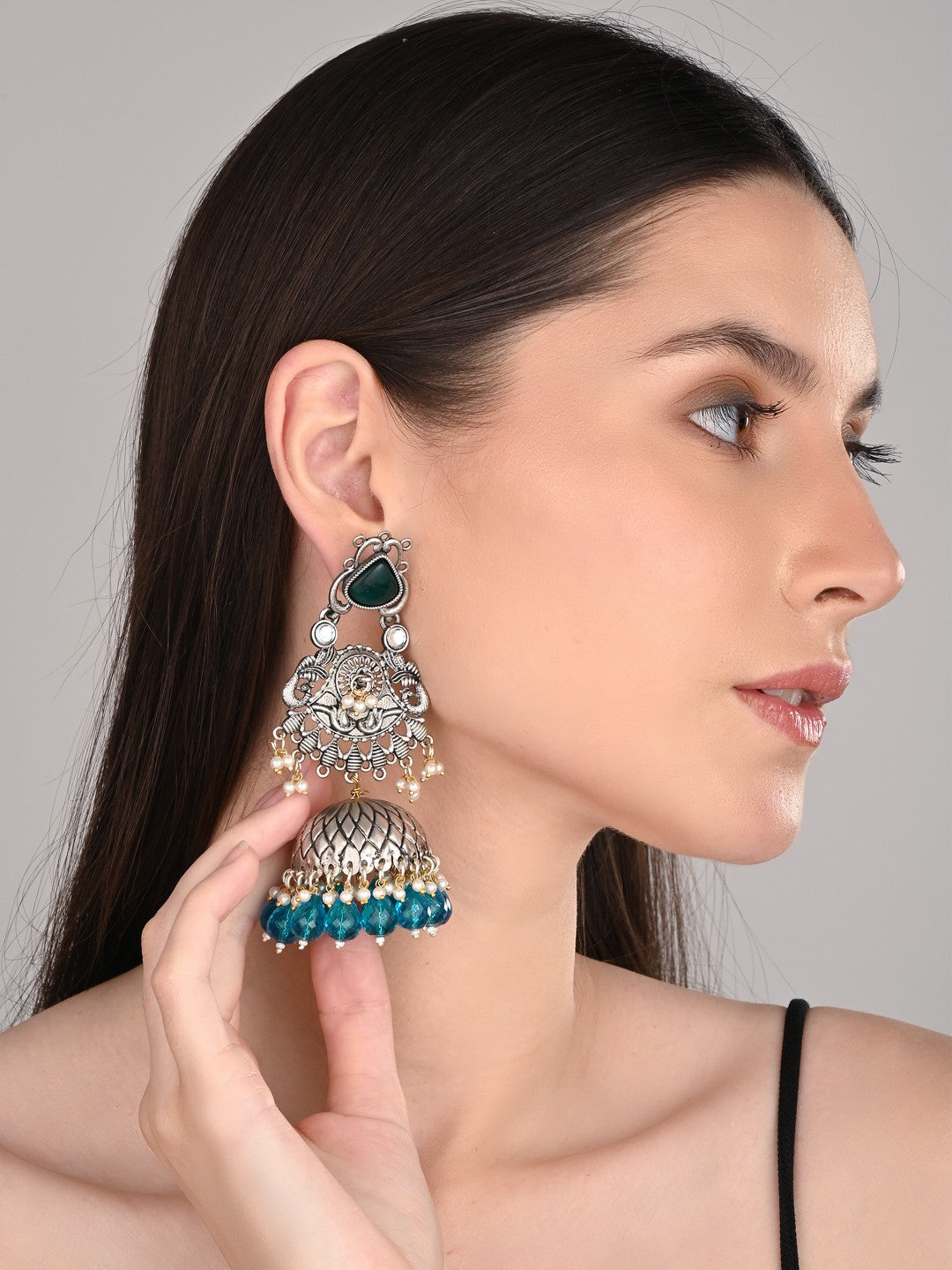 Silver oxydised lightweight long Jhumka Earring