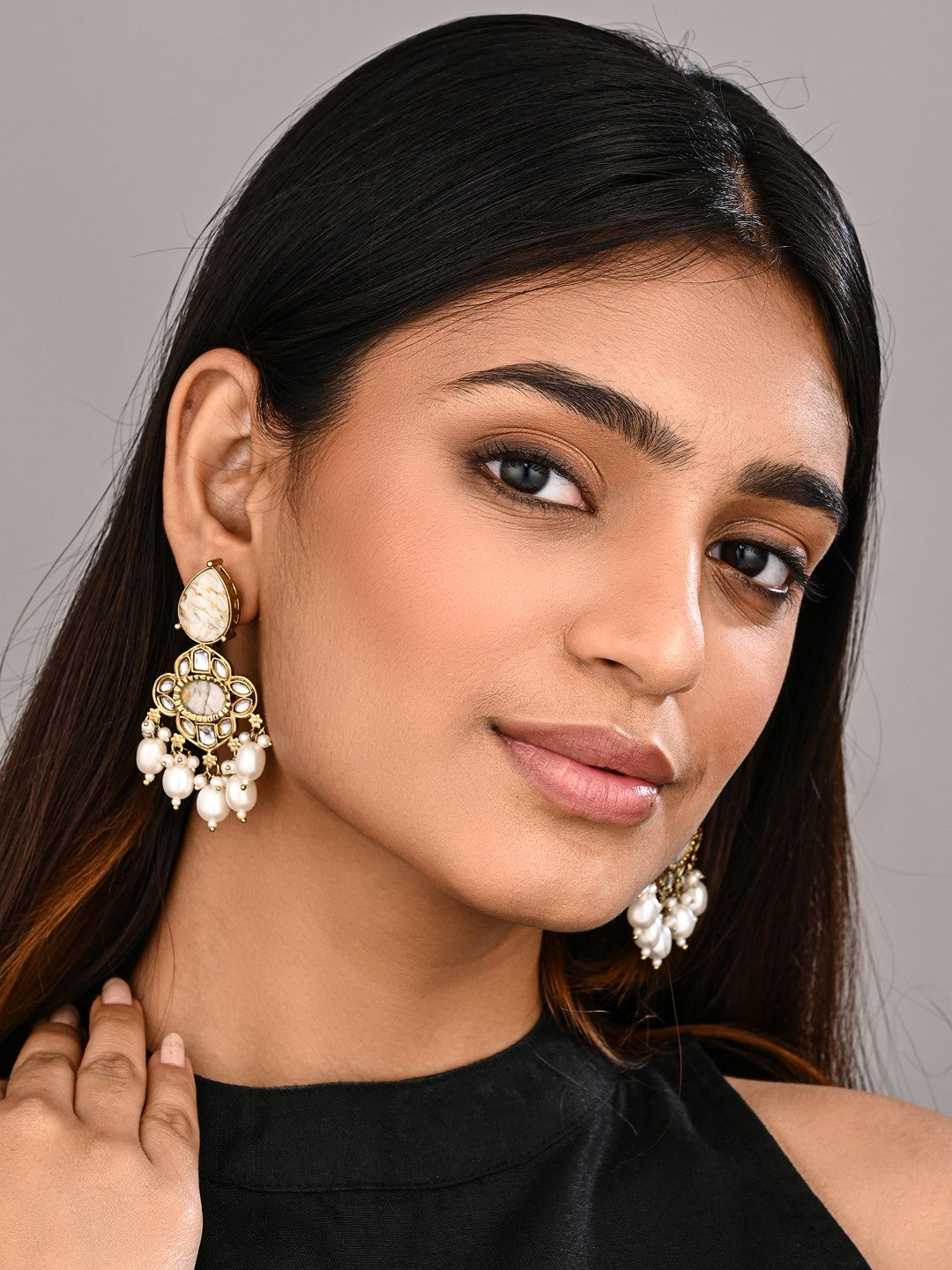 Gold-Plated White Kundan Chandelier Earrings with Bead Drops